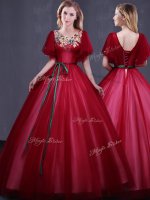 Deluxe Wine Red Lace Up Scoop Appliques and Belt Quinceanera Dresses Tulle Short Sleeves