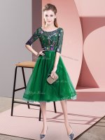 Dark Green Tulle Lace Up Quinceanera Court Dresses Half Sleeves Knee Length Embroidery