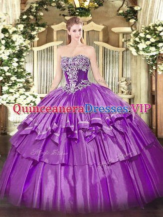 Purple Ball Gowns Strapless Sleeveless Organza and Taffeta Floor Length Lace Up Beading and Ruffled Layers Quinceanera Dresses