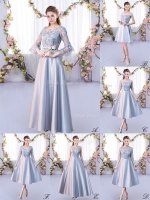 Silver 3 4 Length Sleeve Lace Floor Length Quinceanera Dama Dress