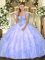 Glittering Light Blue Sleeveless Tulle Lace Up Sweet 16 Quinceanera Dress for Military Ball and Sweet 16 and Quinceanera