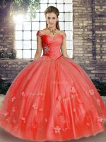 Noble Watermelon Red Tulle Lace Up Off The Shoulder Sleeveless Floor Length Sweet 16 Dress Beading and Appliques