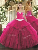 Eye-catching Floor Length Hot Pink Quinceanera Dresses Organza Sleeveless Appliques and Ruffles