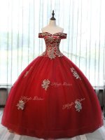 Dynamic Wine Red Off The Shoulder Neckline Beading and Appliques Vestidos de Quinceanera Sleeveless Lace Up