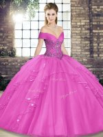 Fitting Lilac Lace Up Off The Shoulder Beading and Ruffles Quinceanera Dresses Tulle Sleeveless