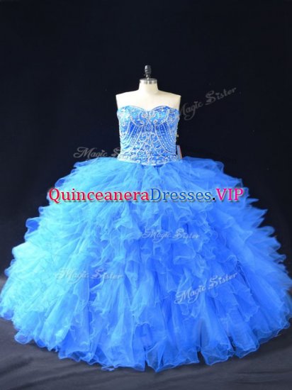 Blue Organza Lace Up Sweetheart Sleeveless Floor Length Vestidos de Quinceanera Beading and Ruffles - Click Image to Close