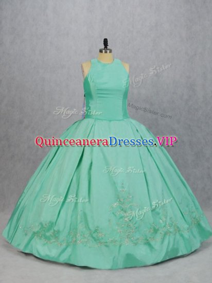 Sexy Floor Length Apple Green Sweet 16 Dress Satin Sleeveless Embroidery - Click Image to Close