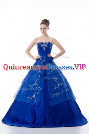 Stunning Royal Blue Ball Gowns Organza V-neck Sleeveless Embroidery and Ruffled Layers Floor Length Lace Up Quinceanera Gowns