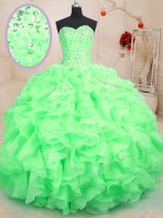 Inexpensive Sweetheart Sleeveless Quinceanera Dress Floor Length Beading and Ruffles Green Organza