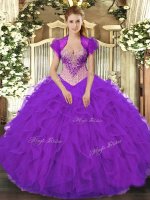 V-neck Sleeveless Sweet 16 Quinceanera Dress Floor Length Beading and Ruffles Purple Organza