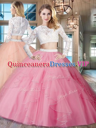 Scoop Long Sleeves Beading and Lace and Ruffles Zipper Vestidos de Quinceanera