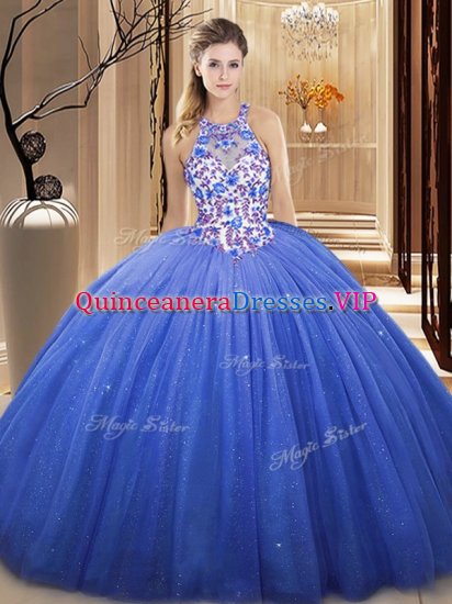 Stunning Blue Lace Up Sweet 16 Dress Lace and Appliques Sleeveless Floor Length - Click Image to Close