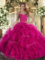 New Style Fuchsia Quince Ball Gowns Military Ball and Sweet 16 and Quinceanera with Ruffles Halter Top Sleeveless Lace Up