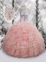 Sleeveless Floor Length Beading and Ruffles Lace Up 15 Quinceanera Dress with Baby Pink