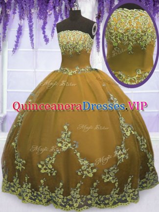 Most Popular Brown Strapless Zipper Appliques Ball Gown Prom Dress Sleeveless