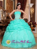 Stylish Turquoise Organza Quinceanera Dress With Strapless Appliques And Ruffles Decorate In Lincoln New hampshire/NH