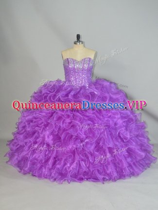 Sweet Purple Sleeveless Floor Length Beading and Ruffles Lace Up 15th Birthday Dress