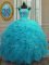 Aqua Blue Organza Lace Up Straps Cap Sleeves Floor Length Sweet 16 Quinceanera Dress Beading and Ruffles and Sequins