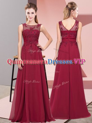 Sleeveless Floor Length Beading and Appliques Zipper Dama Dress for Quinceanera with Burgundy