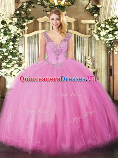 Traditional Rose Pink Ball Gowns Beading Sweet 16 Dress Lace Up Tulle Sleeveless Floor Length - Click Image to Close