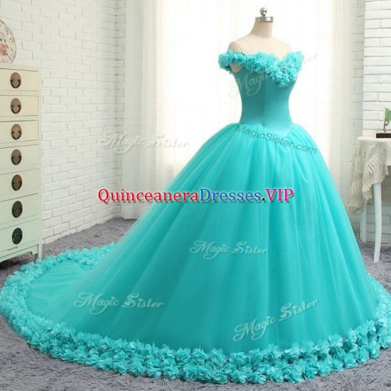 Off The Shoulder Cap Sleeves Tulle Quinceanera Gown Hand Made Flower Court Train Lace Up - Click Image to Close