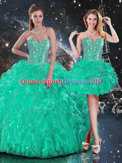 Turquoise Organza Lace Up Sweetheart Sleeveless Floor Length 15 Quinceanera Dress Beading and Ruffles - Click Image to Close