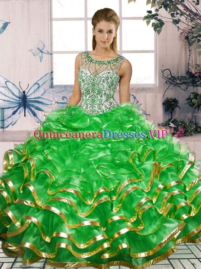 Fitting Green Sleeveless Floor Length Beading and Ruffles Lace Up 15th Birthday Dress - Click Image to Close