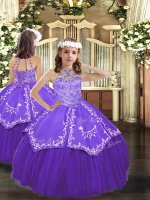 Purple Sleeveless Floor Length Beading and Embroidery Lace Up Pageant Dress Toddler