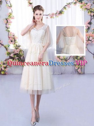Elegant Champagne Sleeveless Tea Length Lace Lace Up Court Dresses for Sweet 16