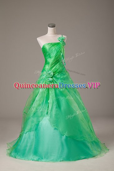Fashionable Green Ball Gowns One Shoulder Sleeveless Organza Floor Length Lace Up Hand Made Flower Quinceanera Dresses - Click Image to Close