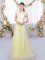 Empire Quinceanera Dama Dress Light Yellow Off The Shoulder Tulle Cap Sleeves Floor Length Lace Up