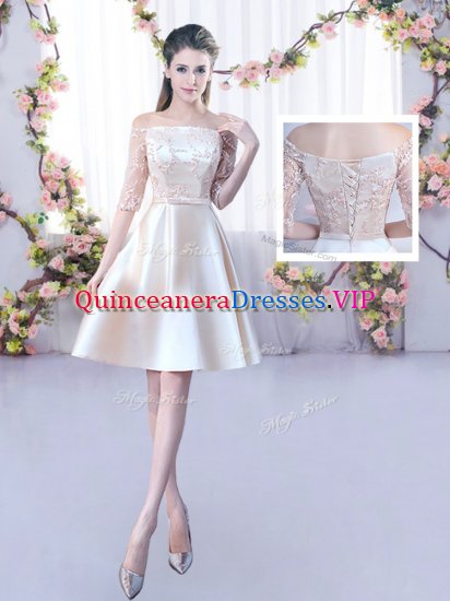 Lace and Belt Quinceanera Court Dresses Champagne Lace Up Half Sleeves Mini Length - Click Image to Close