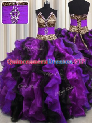 Exquisite Leopard V Neck Multi-color Sleeveless Floor Length Beading and Ruffles Lace Up Ball Gown Prom Dress