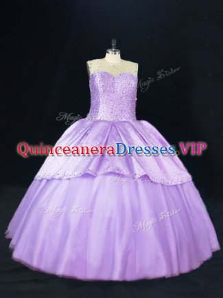 Luxurious Lavender Satin and Tulle Lace Up Quinceanera Gowns Sleeveless Floor Length Beading