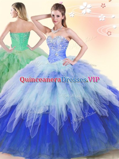 Sumptuous Multi-color Tulle Lace Up 15 Quinceanera Dress Sleeveless Floor Length Beading and Ruffles - Click Image to Close