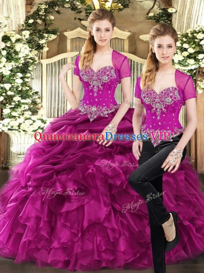 Gorgeous Sleeveless Organza Floor Length Lace Up 15 Quinceanera Dress in Fuchsia with Beading and Ruffles and Pick Ups - Click Image to Close