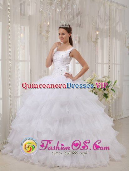 White Appliques Brand New Style Quinceanera Dress In Georgia Scoop Satin and Organza Ball Gown - Click Image to Close