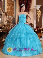 Tamboril Dominican Republic Impression Beaded Embellishments With Aqua Blue Layered Elegant Quinceanera Dress