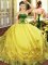 High Class Sweetheart Sleeveless Quinceanera Gowns Floor Length Embroidery and Ruffles Gold Organza