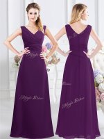 Purple Column/Sheath V-neck Sleeveless Chiffon Floor Length Zipper Ruching Quinceanera Court Dresses