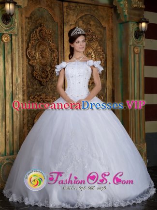 Ciutadella de Menorca Spain Custom Made Off The Shoulder For Quinceanera Dress With Lace Appliques and Hand Made Flower Decorate