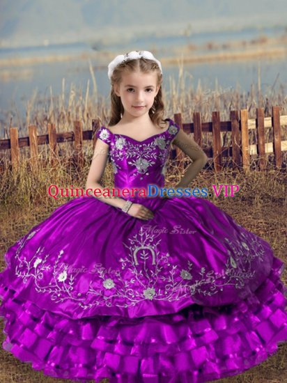 Floor Length Purple Little Girl Pageant Gowns Satin and Organza Sleeveless Embroidery and Ruffled Layers - Click Image to Close