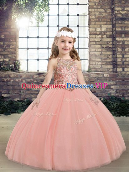 Popular Peach Ball Gowns Tulle Scoop Sleeveless Beading Floor Length Lace Up Little Girl Pageant Dress - Click Image to Close