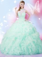 New Style Organza High-neck Sleeveless Lace Up Beading and Ruffles and Pick Ups Sweet 16 Dresses in Apple Green
