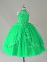Cute Turquoise Ball Gowns Tulle High-neck Sleeveless Beading and Appliques Floor Length Lace Up Kids Pageant Dress(SKU PSSWLG081-4BIZ)
