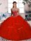 Tulle Off The Shoulder Sleeveless Brush Train Lace Up Beading and Ruffles Vestidos de Quinceanera in Red