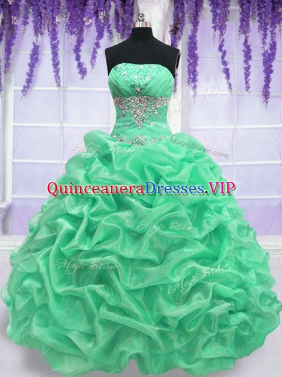 Captivating Floor Length Apple Green Quince Ball Gowns Organza Sleeveless Beading - Click Image to Close