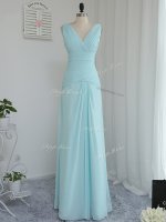 Aqua Blue Sleeveless Ruching Floor Length Damas Dress