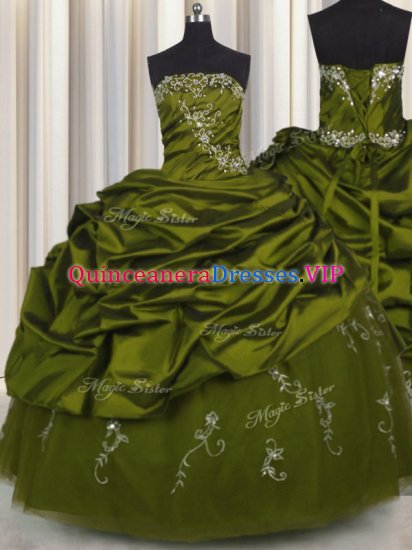 New Style Embroidery Olive Green Lace Up Quinceanera Gown Beading and Appliques and Pick Ups Sleeveless Floor Length - Click Image to Close