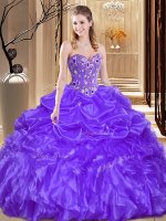 Custom Design Purple Ball Gowns Sweetheart Sleeveless Organza Floor Length Lace Up Beading and Embroidery 15 Quinceanera Dress